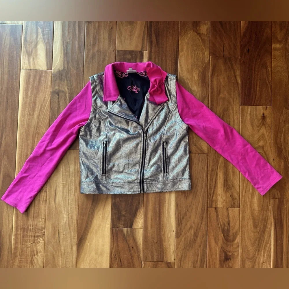 JoJo Siwa Pink and Silver Metallic Glittery Moto Jacket with Bow size Large